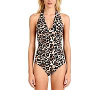 Fjquamitix Women's One Piece Swimsuit - Ruched Design Tummy Control Swimming Costume with Sexy V-Neck & Removable Padded Cups (UK, Alpha, S, Regular, Regular, Full Leopard Print)