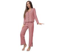 Fjquamitix Women's Pyjamas Set, Soft and Breathable Long-Sleeve Cotton Modal Pajamas with Adjustable Waist & Front Buttons (UK, Alpha, S, Regular, Regular, Pink)