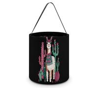 FJQWKLF Cute Llama with Flower & Cactus Halloween Trick Or Treat Bags Funny Candy Bucket Tote Bag with Handles Party Gift Bags 7.9×8.3×7.1
