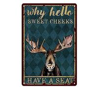FJQWKLF Metal Tin Sign Vintage Moose Deer Why Hello Sweet Cheeks Have A Seat for Home, Living Room, Garden, Bedroom, Office, Hotel, Cafe and Pub Wall Decor 12x8 Inches