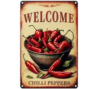 FJQWKLF Retro Chilli Pepper Welcome Metal Metal SignChile Pepper Metal SignMetal Tin Signs Vintage Plaque Wall Decor Gift For Home Kitchen Office Club Bar Gym 12x16 Inch