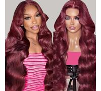 FJsuprise 30 Inch 99J Burgundy Lace Front Wig Glueless Human Hair Wine Red Wavy Pre Drawn Human Hair with Baby Hair 18 Density