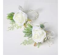 FJTNSQXSZ 2 Pcs Buttonhole Flower Wedding Bouquet, White Rose, Handmade Manhattan Corsage Bouquet Flower, Men's Buttonhole Clip, Suitable for Groom and Bride Suits