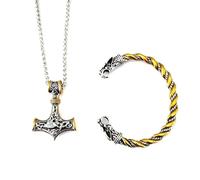 FJTNSQXSZ 2pcs Viking Thor's Hammer Pendant Necklace Set for Men and Women with 60cm Silver Steel Dragonbone Chain for Men, Rune Amulet Jewelry, Viking Men Gift (gold)