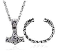 FJTNSQXSZ 2pcs Viking Thor's Hammer Pendant Necklace Set for Men and Women with 60cm Silver Steel Dragonbone Chain for Men, Rune Amulet Jewelry, Viking Men Gift (silver)
