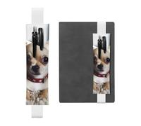 FJWSLCH Adjustable Pen Holder Elastic Band Pencil Pouch Clip PU Leather Pen Sleeve Pouch for Hardcover Journals Cute Chihuahua Pencil Holder for Notebook, Hold 2-3 Pens, White
