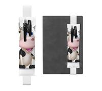 FJWSLCH Adjustable Pen Holder Elastic Band Pencil Pouch Clip PU Leather Pen Sleeve Pouch for Hardcover Journals Cartoon Milk Cow Pencil Holder for Notebook, Hold 2-3 Pens, White