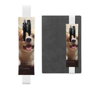 FJWSLCH Adjustable Pen Holder Elastic Band Pencil Pouch Clip PU Leather Pen Sleeve Pouch for Hardcover Journals Cute Corgi Pencil Holder for Notebook, Hold 2-3 Pens, White