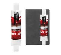 FJWSLCH Adjustable Pen Holder Elastic Band Pencil Pouch Clip PU Leather Pen Sleeve Pouch for Hardcover Journals Cute Graphic Red Lips Pencil Holder for Notebook, Hold 2-3 Pens, White