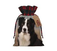 FJWSLCH Border Collie Christmas Gift Bags Drawstring Gift Bags Reusable Gift Wrapping Sacks Small Xmas Goodie Bags with Name Tags Buffalo Plaid Christmas Treat Bags for Party Favor Bags