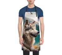 FJWSLCH Fun Animal Wolf Apron Waterproof Apron with 2 Pockets Multi Purpose Work Aprons Kitchen Aprons for Men Women Adjustable Cooking Bib Apron for Baking Grilling, Black, One size