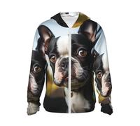 FJWSLCH Men's UPF 50+ Sun Protection Hoodie Jacket Long Sleeve Outdoor Puppy Dog Boston Terrier Sun Shirt for Women Zip, Black, Large