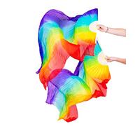 FJYIRI 1 Pair(Left+Right) Women Belly Dance Long Real Silk Fan Veils (Colorful Rainbow)