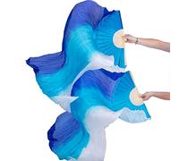 FJYIRI 1 Pair(Left+Right) Women Belly Dance Long Real Silk Fan Veils (Gradual Blue)