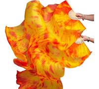 FJYIRI 1 Pair(Left+Right) Women Belly Dance Long Real Silk Fan Veils (Gradual Orange2)