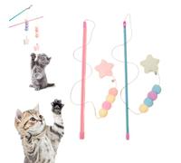 FJYXCHENXM 2 Pcs Cat Stick Toy Exquisite Kitten Teaser Wand Feather Toy with Elastic Rope Plush Ball Star Pendant for Cat Indoor Playing(Pink,Blue)