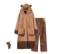 FJZFXKZL Capybara Coral Fleece Home Robe, Womens Dressing Gowns, Soft Pajamas Set With Pants, Hooded Thermal Sleepwear(S)