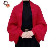 FJZFXKZL Hollow Out Knitted Shawl Coat,Women's Lightweight Slouchy Knit Cover-Up,Wrap Cardigan,Crochet Poncho,Knitted Shawl Coat(Red)