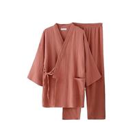 FJZFXKZL Japanese Suit Lovers Cotton Crepe Pajamas Long Sleeved Trousers Two-piece Kimono Suit For Men And Women Sleepwear(Pink,XXL)