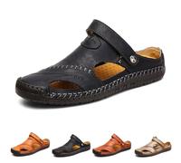 FJZFXKZL Men's Leather Hollow Outdoor Athletic Sandals Slip-on Roman Casual Shoes Summer Beach Hike Slipper(Black,10.5 UK)