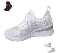 FJZFXKZL Women's Glittery Rhinestone Fashion Breathable Wedge Sneakers, Comfortable Knitted Sparkly Bling Dressy Tennis Shoes(White,4.5 UK)