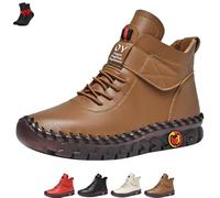 FJZFXKZL Women's High Top Leather Flat Sneakers,Snow Boots,Comfortable Soft Beef Tendon Ankle Boots,Non-slip warm plush cotton shoes(Brown velvet,8 UK)