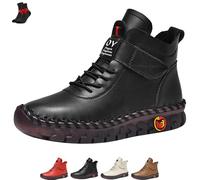 FJZFXKZL Women's High Top Leather Flat Sneakers,Snow Boots,Comfortable Soft Beef Tendon Ankle Boots,Non-slip warm plush cotton shoes(Black,4.5 UK)