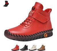 FJZFXKZL Women's High Top Leather Flat Sneakers,Snow Boots,Comfortable Soft Beef Tendon Ankle Boots,Non-slip warm plush cotton shoes(Red velvet,8 UK)