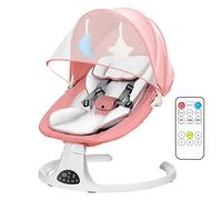 FK Sports Baby Bouncer Swing Chair from Birth, 5-Point Harness with Remote Control, 3-Stage Timer, 5-Speed Baby Swing Soft Padded Seat & 2 Plush Toys (Pink)
