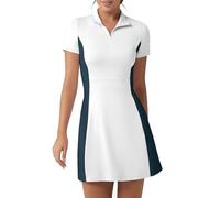 FKEEP Golf Tennis Dress with Shorts Womens Polo Neck Athletic Workout Golf Dress Casual Sleeveless Colorblock Dress, White and Green, S
