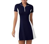 FKEEP Golf Tennis Dress with Shorts Womens Polo Neck Athletic Workout Golf Dress Casual Sleeveless Colorblock Dress, Navy Blue and White, XL