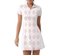 FKEEP Golf Tennis Dress with Shorts Womens Polo Neck Athletic Workout Golf Dress Casual Sleeveless Colorblock Dress, Checkerboard Pink and White, S