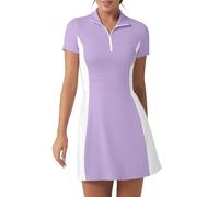 FKEEP Golf Tennis Dress with Shorts Womens Polo Neck Athletic Workout Golf Dress Casual Sleeveless Colorblock Dress, Light Purple and White, M