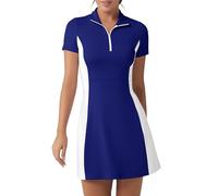 FKEEP Golf Tennis Dress with Shorts Womens Polo Neck Athletic Workout Golf Dress Casual Sleeveless Colorblock Dress, Gem Blue and White, M