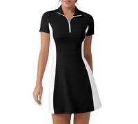 FKEEP Golf Tennis Dress with Shorts Womens Polo Neck Athletic Workout Golf Dress Casual Sleeveless Colorblock Dress, Black and White, XL