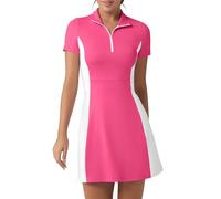 FKEEP Womens Polo Neck Athletic Golf Dress with Shorts - Casual Sleeveless Colorblock Dress, Neon Pink and White, XXL