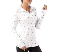 FKEEP Women's Polo Shirts Long Sleeve UPF 50+ Sun Protection Tennis Golf Workout Tops Sport Zipper V Neck, 02 Golf Pattern, L