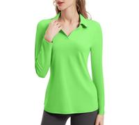 FKEEP Women's Tennis Golf Shirt Long Sleeved Top Sport Activewear V-Neck Workout Athletic, 22 Lime Green, L