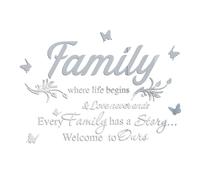 Fkereg Family Where Life Begins & Love Never Ends Every Family Has a Story Welcome to Ours Mirror Wall Decals Stickers, Acrylic Inspirational Quotes Wall Art Words, Home Wall Decor Living Room, Silver