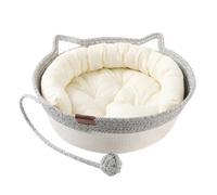 FKESABJWQ Handwoven Cat Basket Bed with Cushion and Pillow Hanging Ball Toy | Round Cotton Rope Woven Cat Bed, Breathable Washable Cat Beds Basket for Indoor Cats,Grey-Small