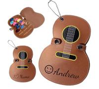 FKF Guitar Pick Case with Name Custom Text on The Guitar-Shaped Guitar Pick Holder Picks Storage Bag Personalized Gifts for Guitar Lovers Men Women Dad (Brown)