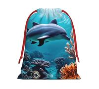 FKGKDF Beautiful Underwater World Dolphins Coral Print Drawstring Present Bag, Reusable Storage Pouch For Christmas Holidays And Daily