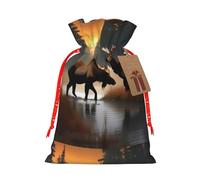 FKGKDF Deer Bear Moose Print Christmas Drawstring Present Bag, Reusable Holiday Goodie Bag For Presents