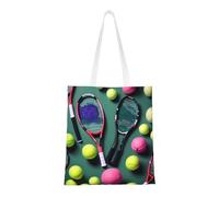 FKGKDF Funny Tennis Racquets And Tennis Balls Print Polyester Canvas Tote Bag, Shopping Bag With Reinforced Handles, Reusable