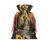 FKGKDF Italian Old Street Print Christmas Drawstring Present Bag, Reusable Holiday Goodie Bag For Presents