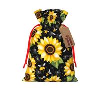 FKGKDF Sunflower Bees Print Christmas Drawstring Present Bag, Reusable Holiday Goodie Bag For Presents