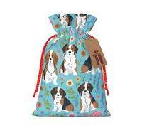 FKGKDF Sweet Basset Hound Florals Print Christmas Drawstring Present Bag, Reusable Holiday Goodie Bag For Presents