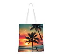 FKGKDF Tropical Beach Palm Tree Print Polyester Canvas Tote Bag, Shopping Bag With Reinforced Handles, Reusable