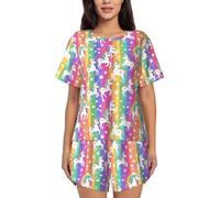 FKGKDF Women Striped Unicorn Print Two Piece Pajama Set Short Sleeve Pj Set, Black/White, 3XL