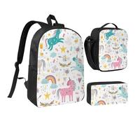 FKHOHL Unicorns Pink Print Breathable Backpack Set-3 In 1 Lunch Bag Pen Case Convenient Carry Snacks Drinks